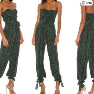 Strapless Dark Green Printed Tie-Waist Jumpsuit